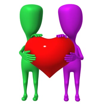 Two 3d puppet share one big red heart