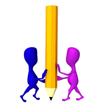 Two 3d puppets balance on big yellow pencil