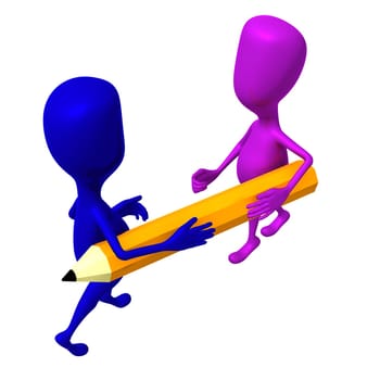 Two different 3d puppets discuss over yellow pencil