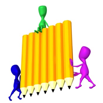 Side view 3d puppets hold wall from pencils