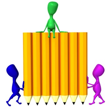 Front view 3d puppets hold wall from pencils