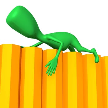 Green 3d puppet lay yellow wall from pencils