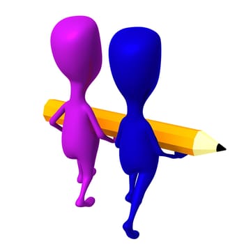 Behind view two 3d puppets carry yellow pencil