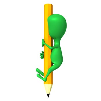 Side view 3d puppet climbing on yellow pencils