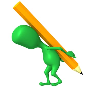 Side view 3d puppet bearing heavy yellow pencil