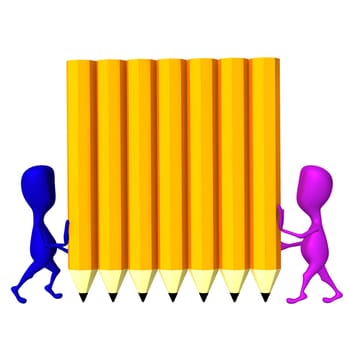 Two 3d puppets hold wall from yellow pencils