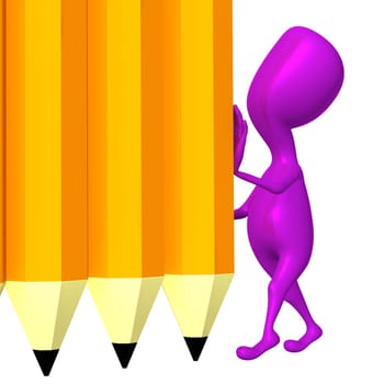 Pink 3d puppet hold yellow wall from pencils