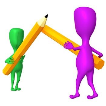 Side view 3d puppet fighting with yellow pencils
