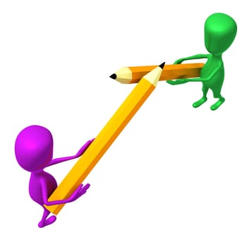 Over view 3d puppet fighting with yellow pencils