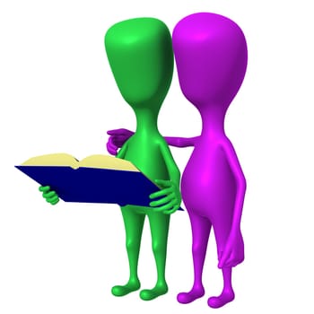 Front view two 3d puppets reading blue book
