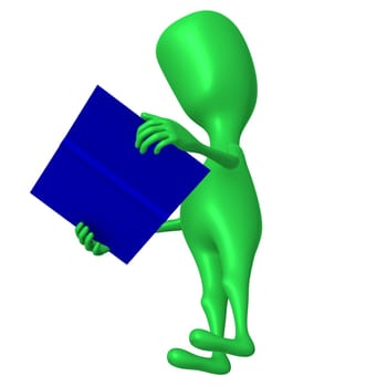 Under view green 3d puppet reading blue book