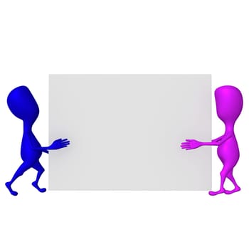 Two 3d puppet carring squared grey screen together