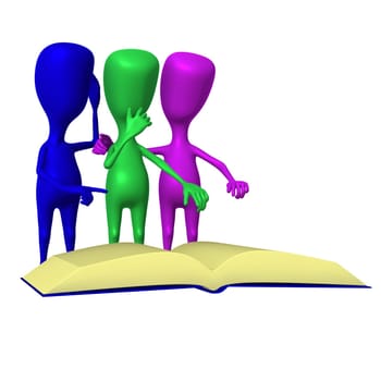 Front view three 3d puppets reading big book