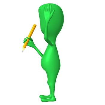 Side view 3d puppet thinking about yellow pencil
