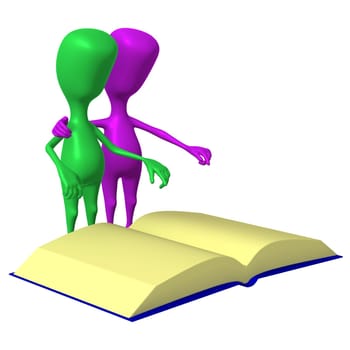 Side view two 3d puppets reading big book