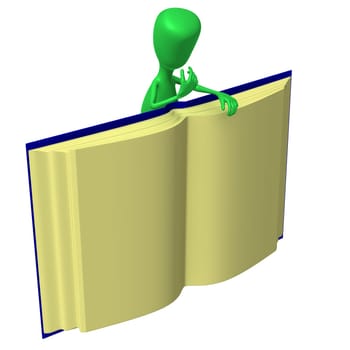 Side view one 3d puppet behind big book