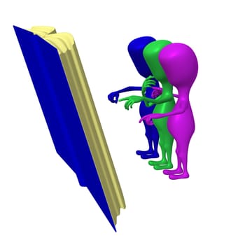 Side view three 3d puppets reading big book