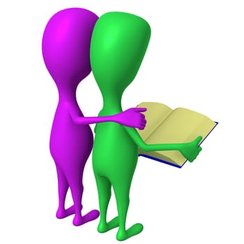 Behind view two 3d puppets reading blue book