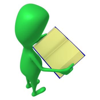 Over view green 3d puppet reading blue book