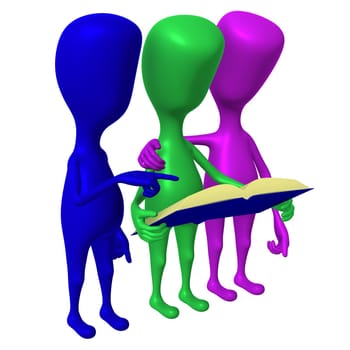 Side view three 3d puppets reading blue book