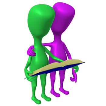 Side view two 3d puppets reading blue book