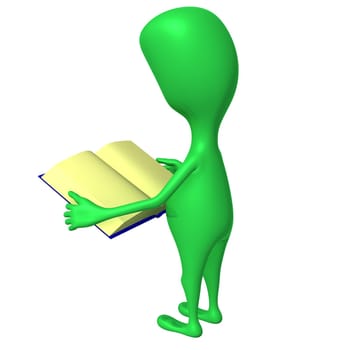 Side view green 3d puppet reading blue book