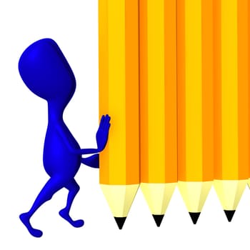 Blue 3d puppet hold yellow wall from pencils