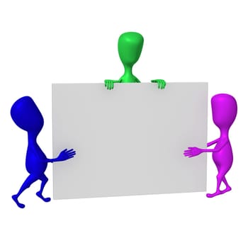 Three 3d puppet hold squared grey screen together