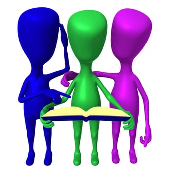 Front view three 3d puppets reading blue book