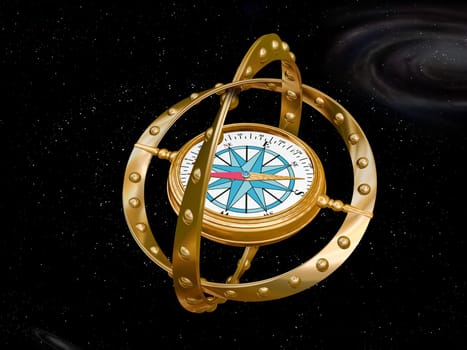 Illustration of a compass navigating the bizarre nature of curved space