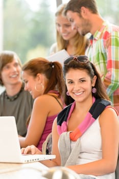 High-school study group learning in library class students teen smiling