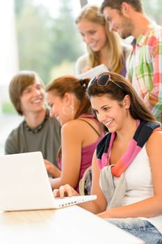 High-school study group learning in library class students teen smiling