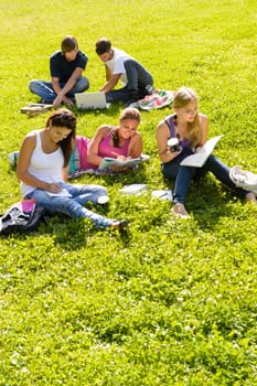 Students studying sitting in the park teens reading writing laptop