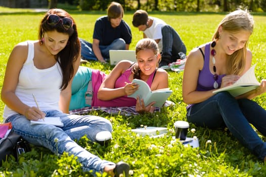 Teens studying in park reading book students happy campus research
