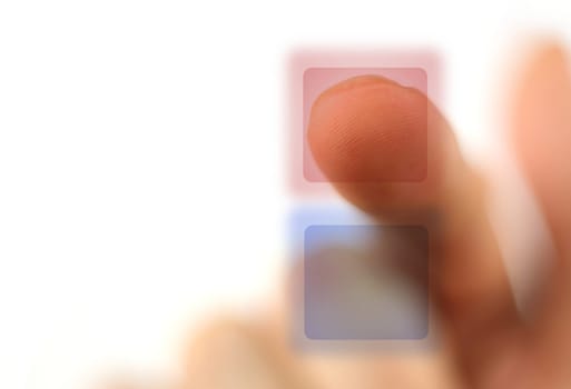Finger touching one of two buttons over white, with copy space. Conceptual for making choices, touch-screen technologies.