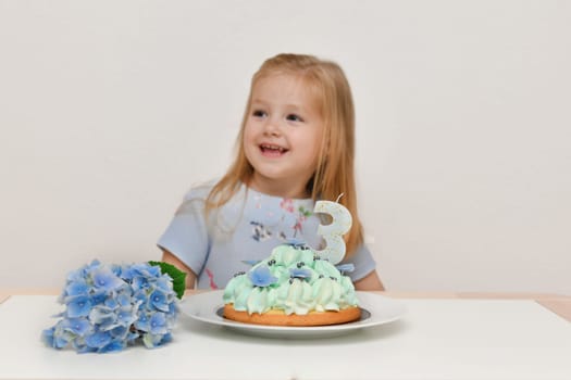 A girl of 3 years old making wish blowing candles on the cake