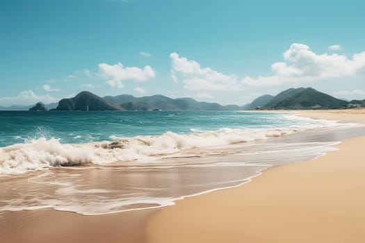Seascape with empty beach, mountains and beautiful blue water. Vacation, travel, beach holiday concept.