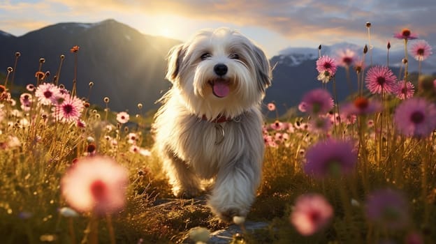 Lively dog in nature settings, full of flowers and glowing sunlight - AI generative