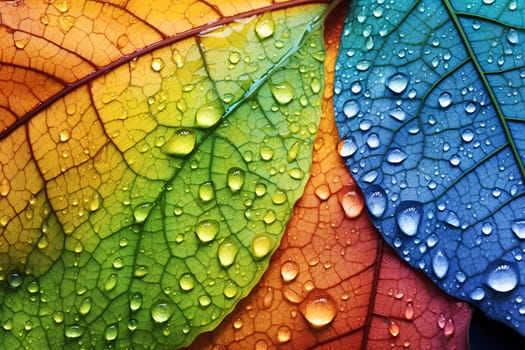 Closeup image of colorful leaves with raindrops - AI generative