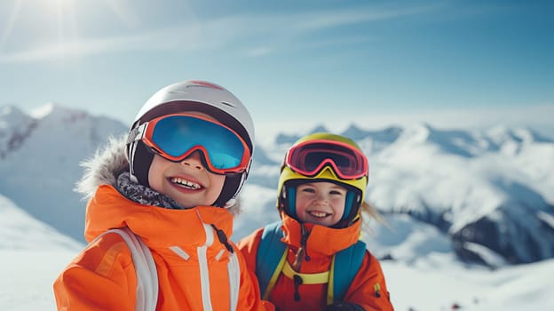 happy, smiling children snowboarder against the backdrop of snow-capped mountains at a ski resort, during the winter holidays. Concept of traveling around the world, recreation, winter sports, vacations, tourism in the mountains and unusual places.