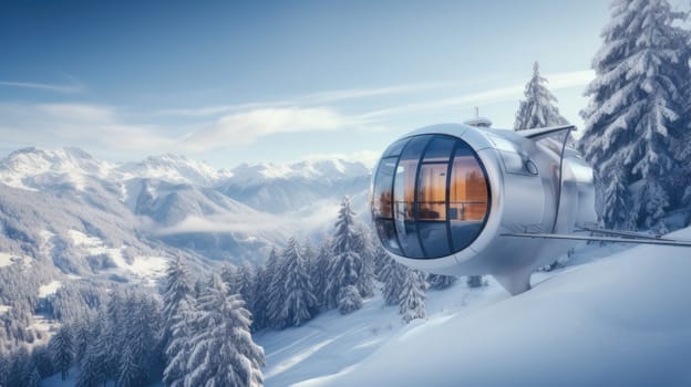 Modern spacious gondola cable car with cabin against the backdrop of snow-capped mountains in the luxurious winter alpine mountains. Concept of traveling around the world, recreation winter sports vacations tourism in the mountains and unusual places