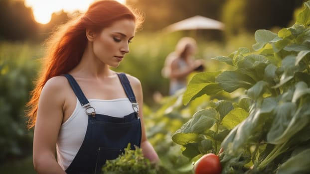 young adult woman farmer working in organic vegetable garden in the morning of sunny day generative ai art