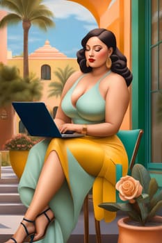 iilustration poster of voluptous female model remote working outdoors in a yard in caribbean villa generative ai art
