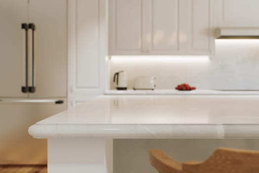 Kitchen white countertop with white marble, with blurred bokeh background. Presentation of goods in the kitchen interior on the countertop surface. 3D rendering