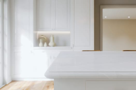 Kitchen white countertop with white marble, with blurred bokeh background. Presentation of goods in the kitchen interior on the countertop surface. 3D rendering