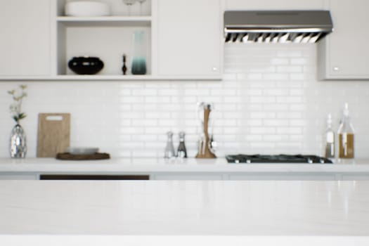 Focus on the marble countertop against the backdrop of kitchen appliances and utensils. Stylish traditional kitchen with wooden fixtures. 3D rendering