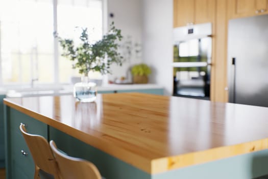 Kitchen with green cabinets, large window in the background and accent countertop to advertise the product. Kitchen island with blurry long shot of green kitchen. 3D rendering.