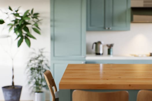 Green kitchen with wood countertops and accent island for product display. Empty kitchen countertop with blurred kitchen background with appliances and utensils. 3D rendering.