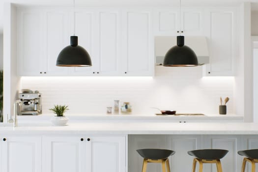 White kitchen with countertop as an accent. Kitchen work area with lamps, chairs and kitchen appliances. Kitchen with backsplash lighting blurred in the background. 3D rendering