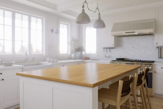 Wooden countertop, empty surface to place your goods, with a blurred kitchen background in the background. Stylish, bright kitchen in traditional style. 3D rendering